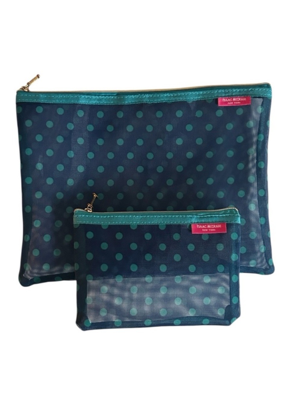 Issac Mizrahi Blue and Green Polka Dot Mesh Makeup Travel Bags Set of 2